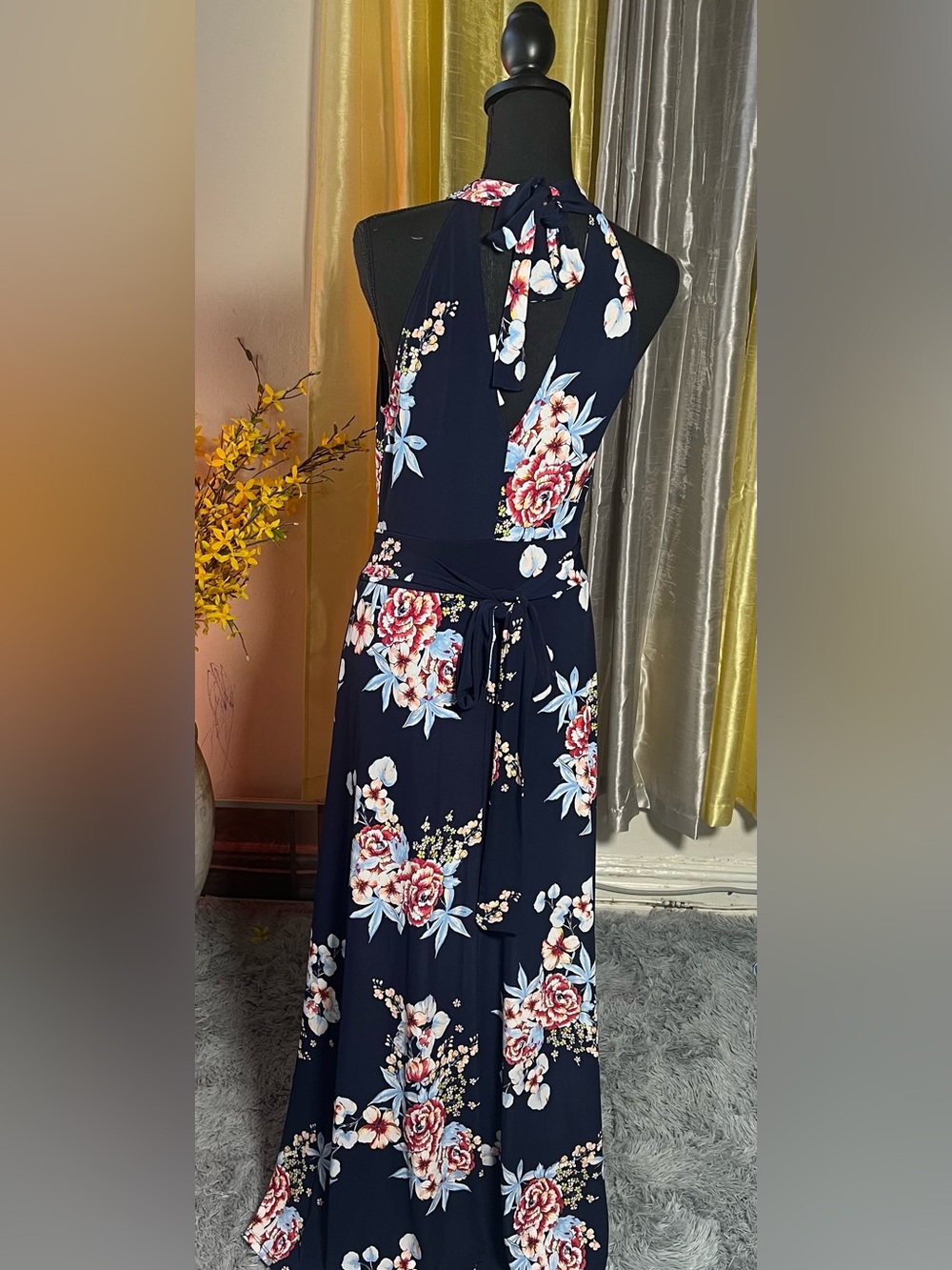 New York & Company Navy Floral Halter Tie-Waist Maxi Dress